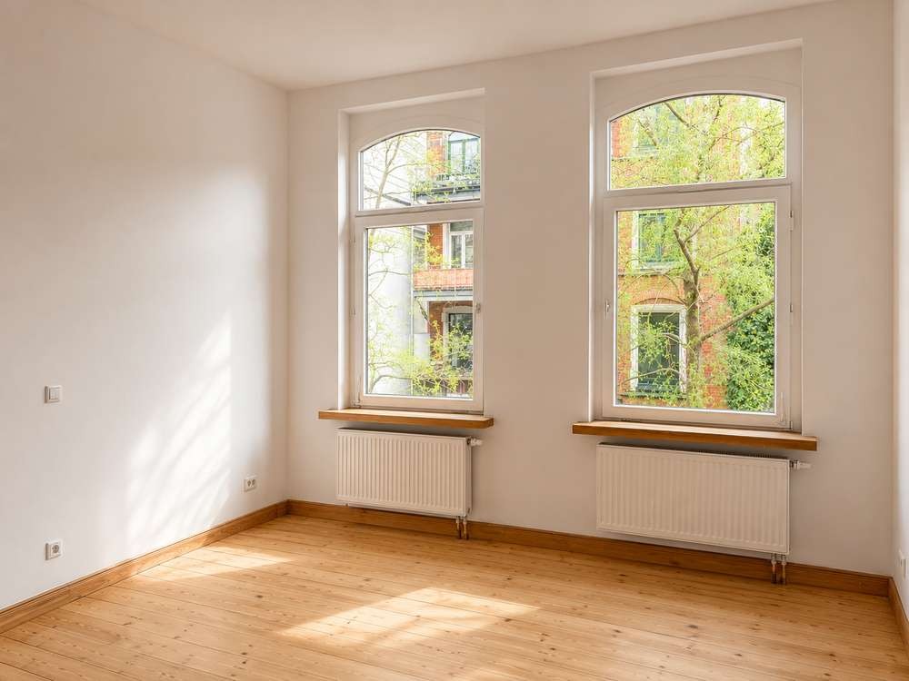 Altbauwohnung Hannover-List — Helles Schlafzimmer mit Bogenfenstern